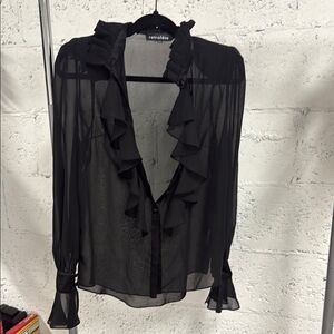 RETROFETE Black Bishop Sleeve Ruffled Blouse - Size XS - Sheer NWOT Button Down